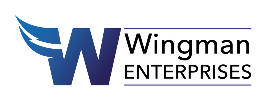 A logo with a blue W which has wings on the left side. The has the word Wingman in leading case above enterprises in caps. There are two thin blue lines above and below wingman enterprises